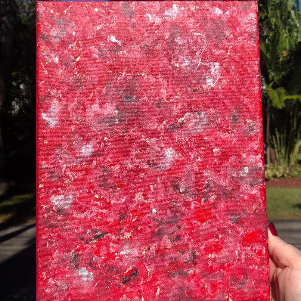 HANDCRAFTED RED, CREAM, BLACK & SILVER ABSTRACT ART PAINTING 9" X 12"